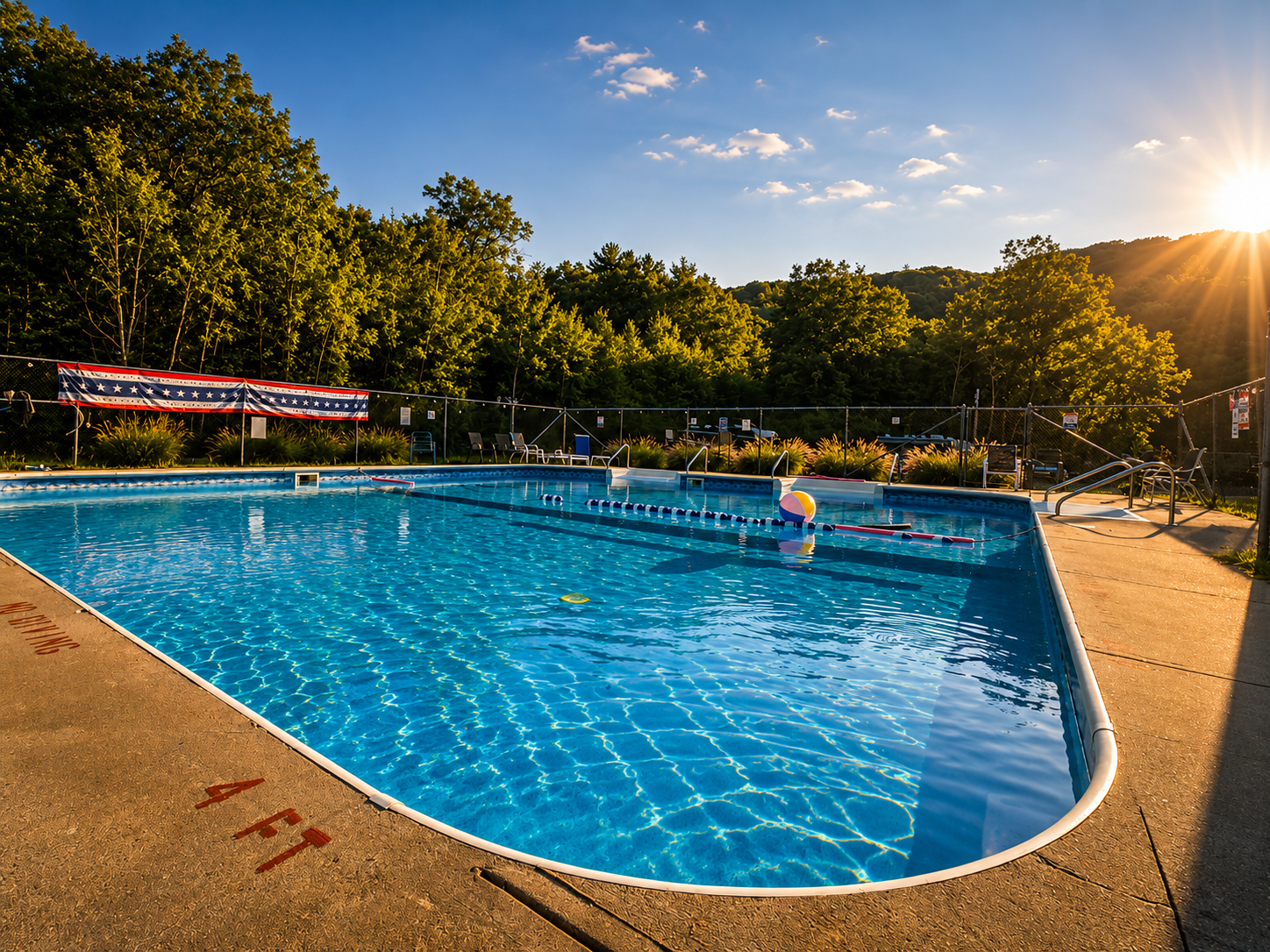 The outdoor swimming pool at Pioneer Valley at sunset